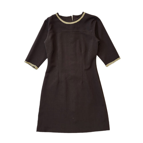 70s Vintage Brown Shift Dress With Gold Trim Women's Size 12