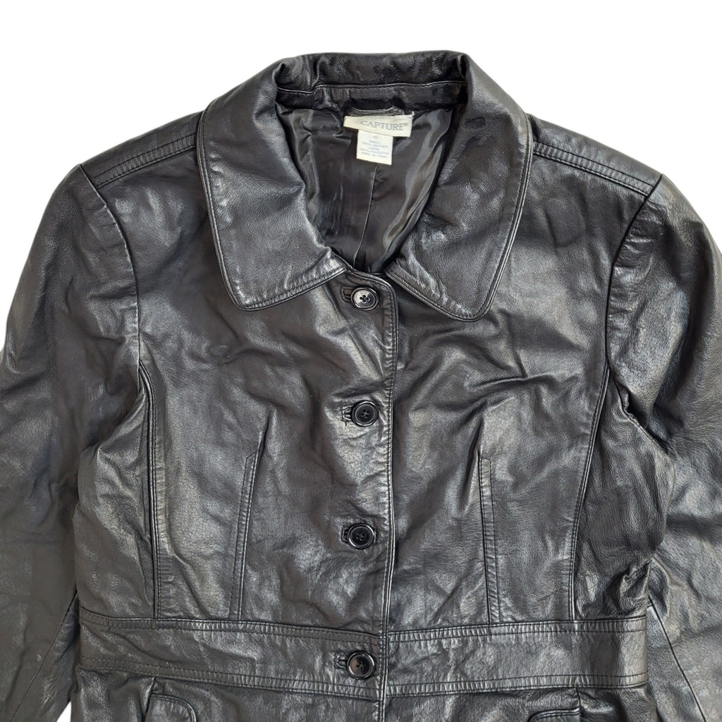 Capture Vintage 90s Button Black Leather Coat UK Women's Size 14