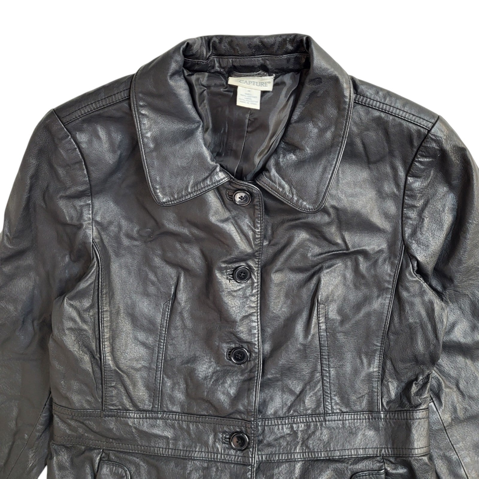 Capture Vintage 90s Button Black Leather Coat UK Women's Size 14