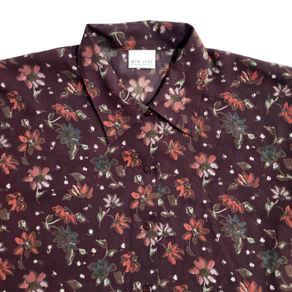 New Look Maroon 90's Long Sleeve Floral Tie Waist Shirt Women's UK Size 16