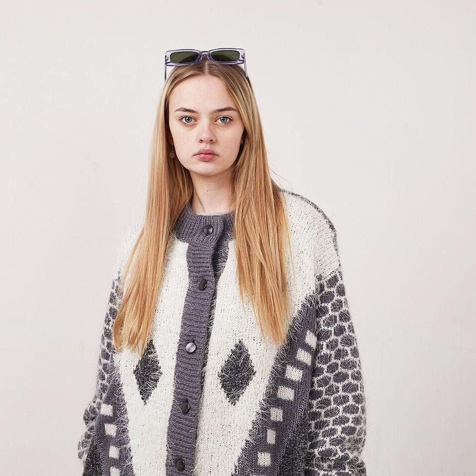 80s Vintage Grey & White Oversized Button Front Cardigan Women's Size 18
