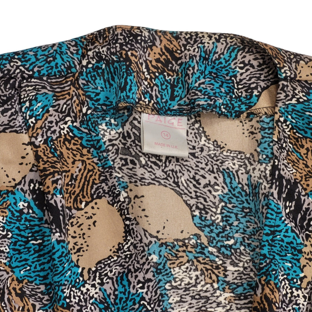 Paige 80s Vintage Abstract Tan & Teal Front Split  Wrap Dress Women's 12