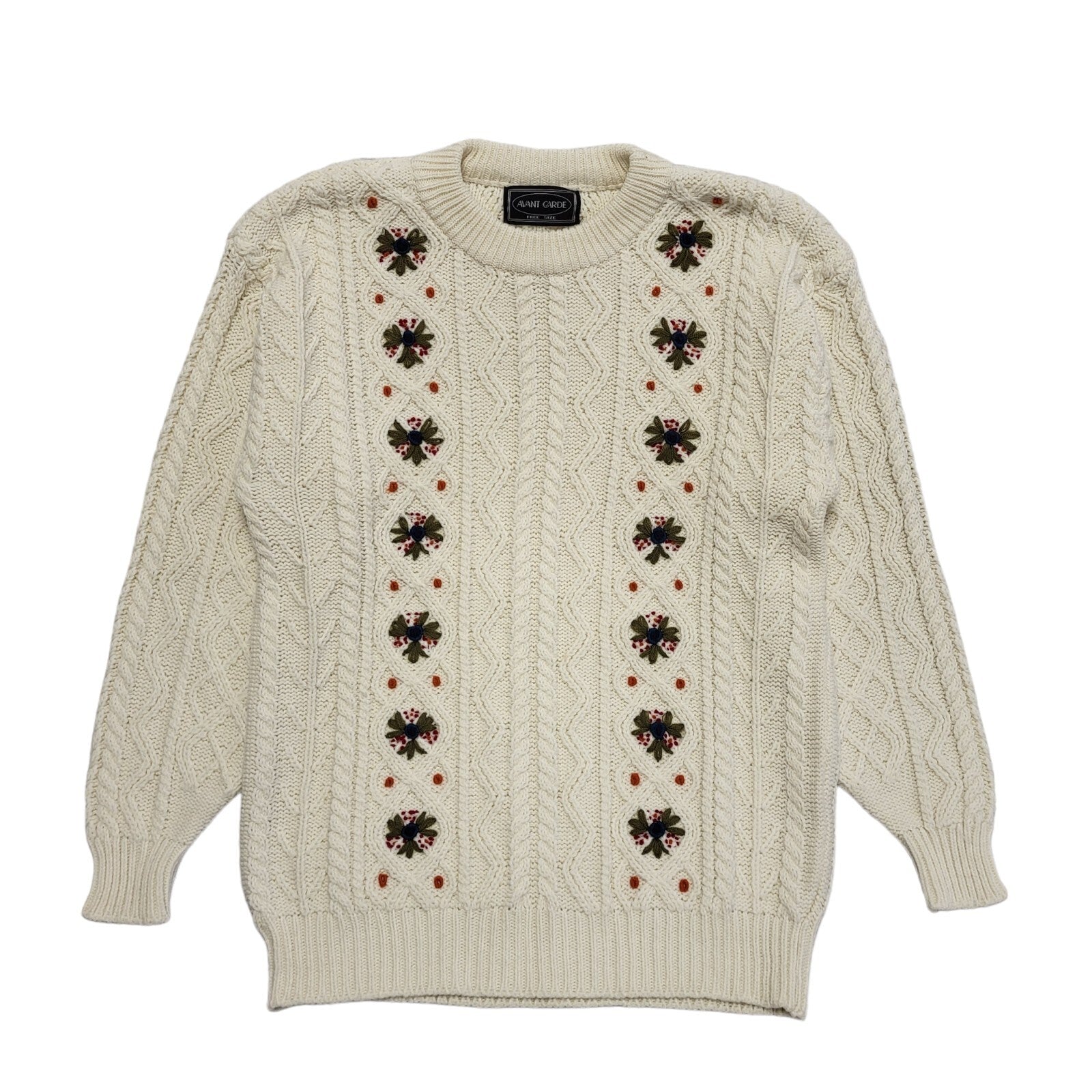 Avant Garde Vintage 90's Cream Green Floral Knitted Jumper Uk Women's UK 14-16