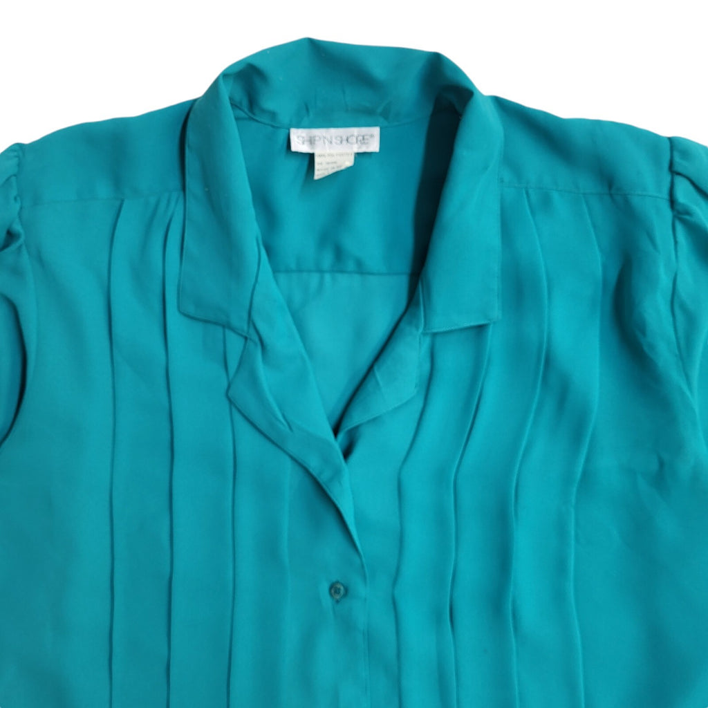 Ship & Shore Teal 90's Long Sleeve Pleated Shirt Women's UK Size 12