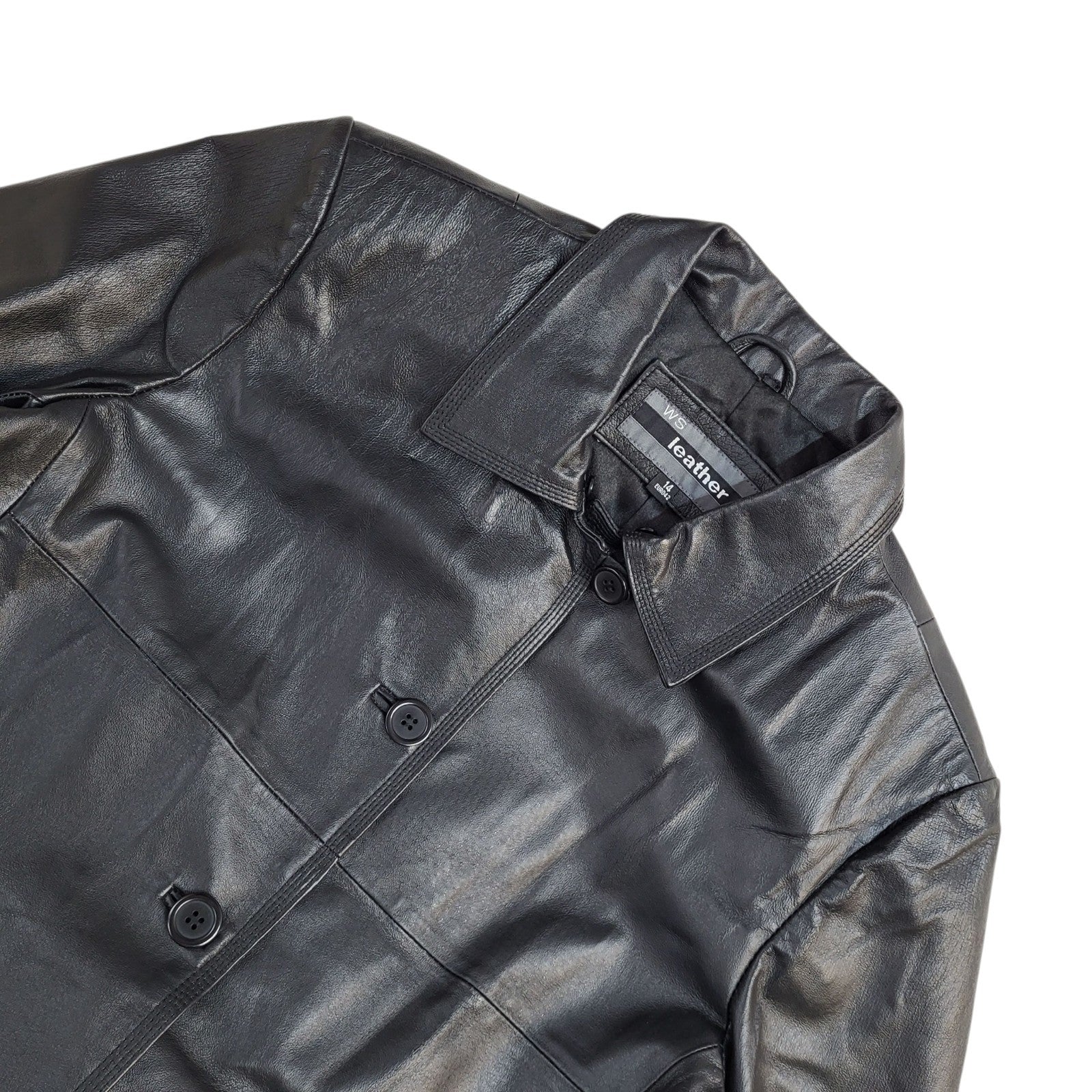 WS Leather Black Button Y2k Leather Coat UK Women's Size XL
