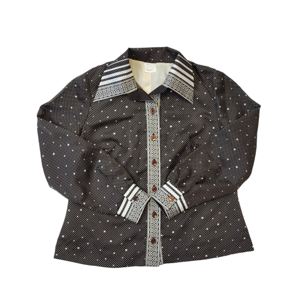 70s Vintage Brown & White Long Sleeve Polka Dot Blouse Women's Size 18