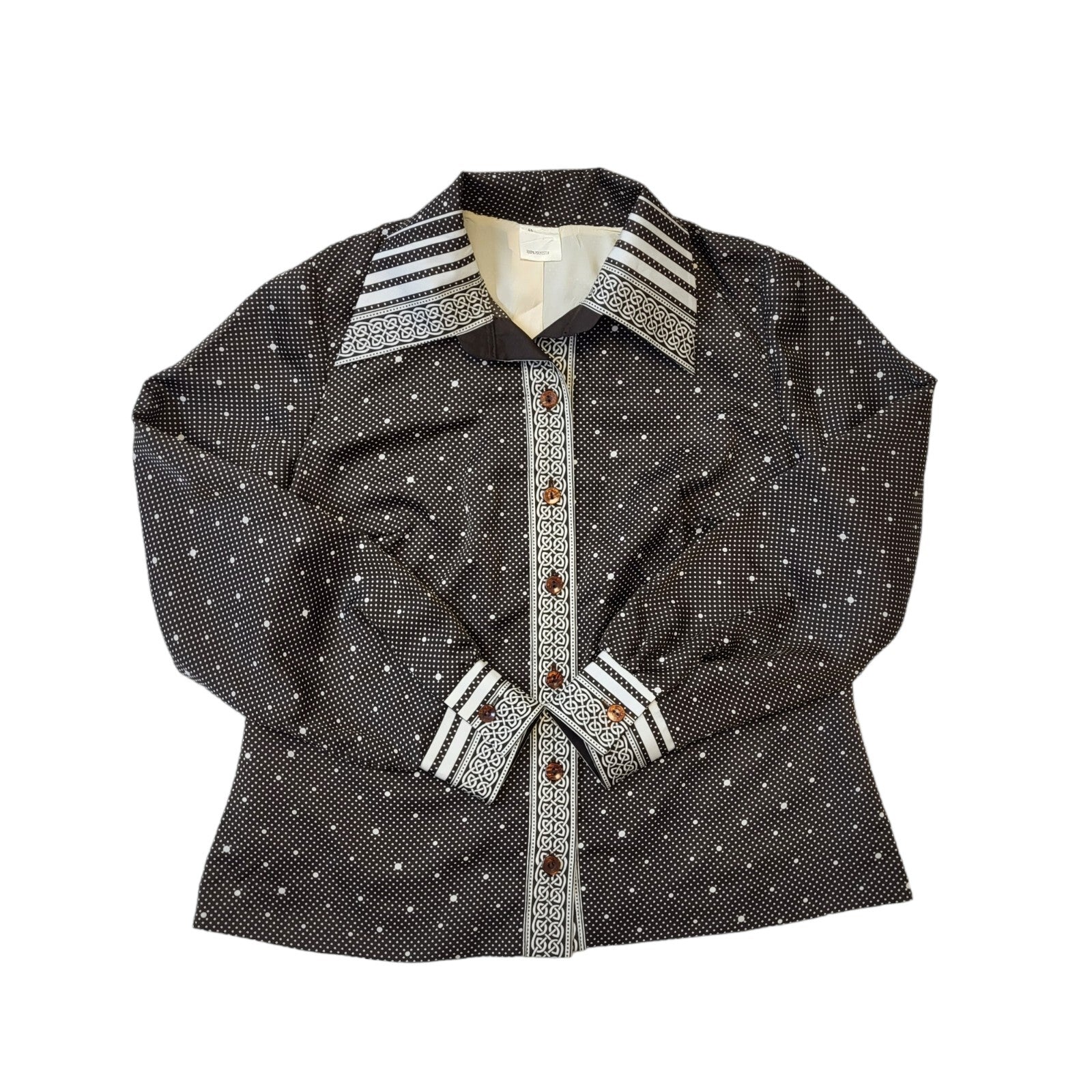 70s Vintage Brown & White Long Sleeve Polka Dot Blouse Women's Size 18