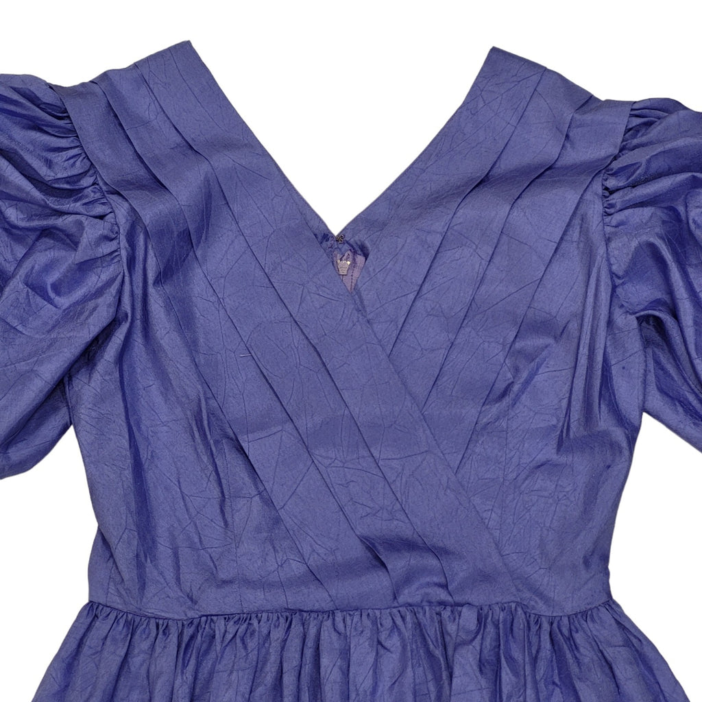 80s Vintage Purple V-Neck Puff Sleeve Party Dress Women's S 8/10