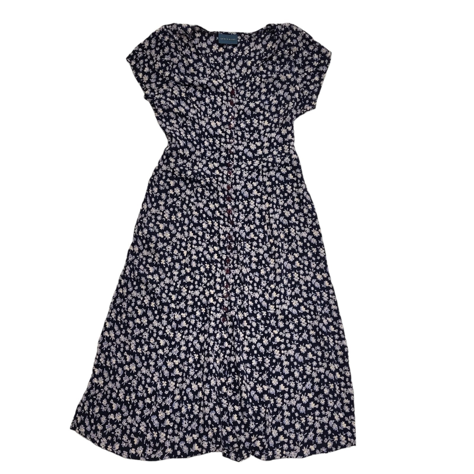 Debenhams 90s Vintage Blue & White Floral Cap Sleeve Dress Women's Size 16