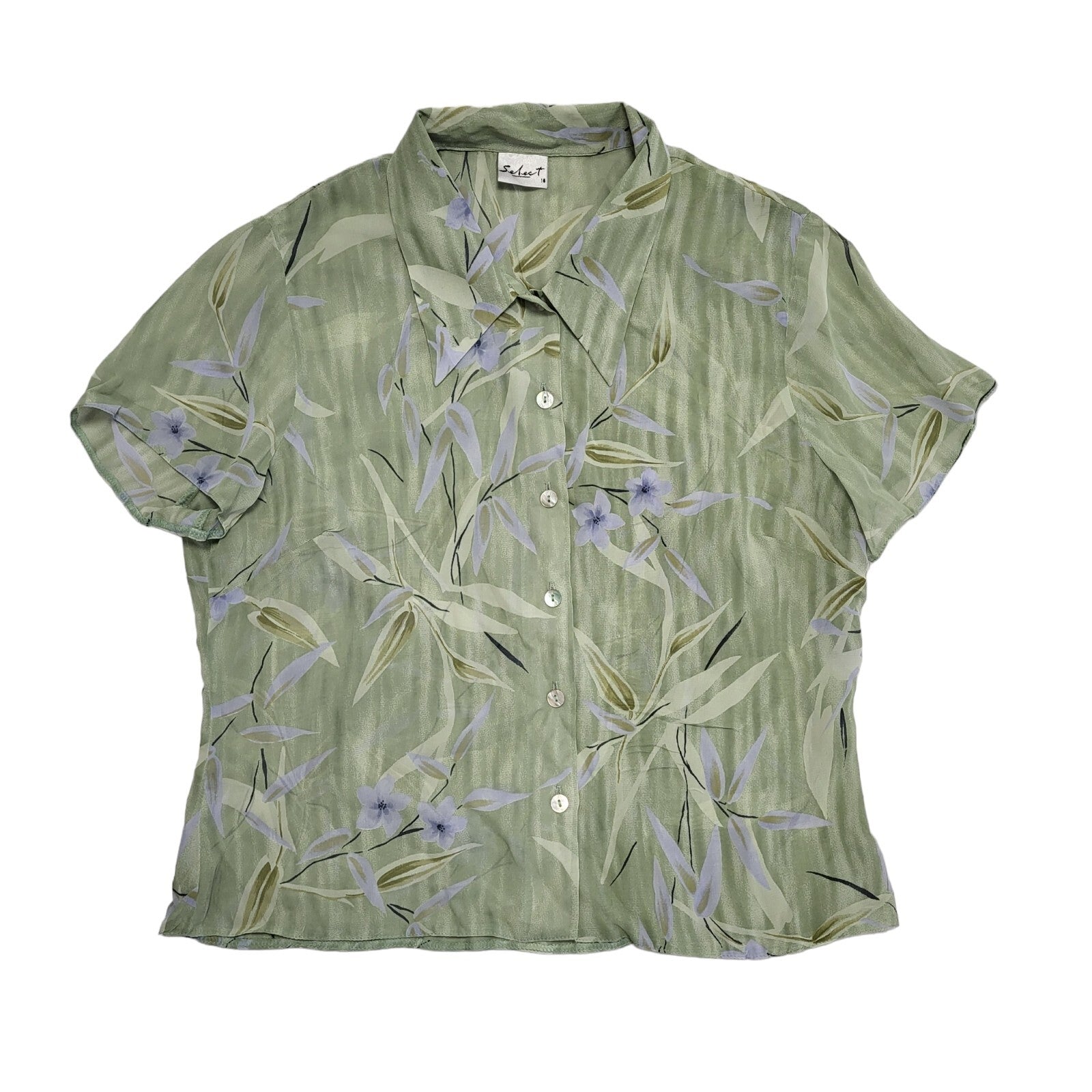 Select 90's Green & Blue Floral Short Sleeve Blouse Womens UK Size 16