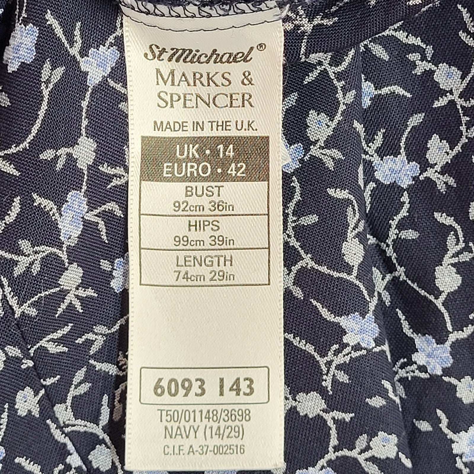 M & S Vintage Dress 90's Navy A-Line Buttoned Midi Dress Womens Uk 14