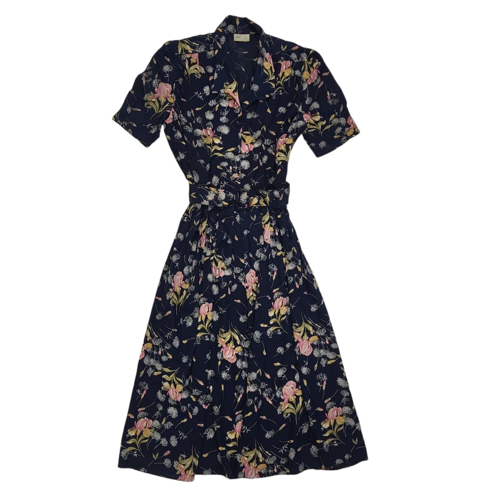 Bhs 80s Vintage Blue Floral Belted & Collared Dress Women's 10