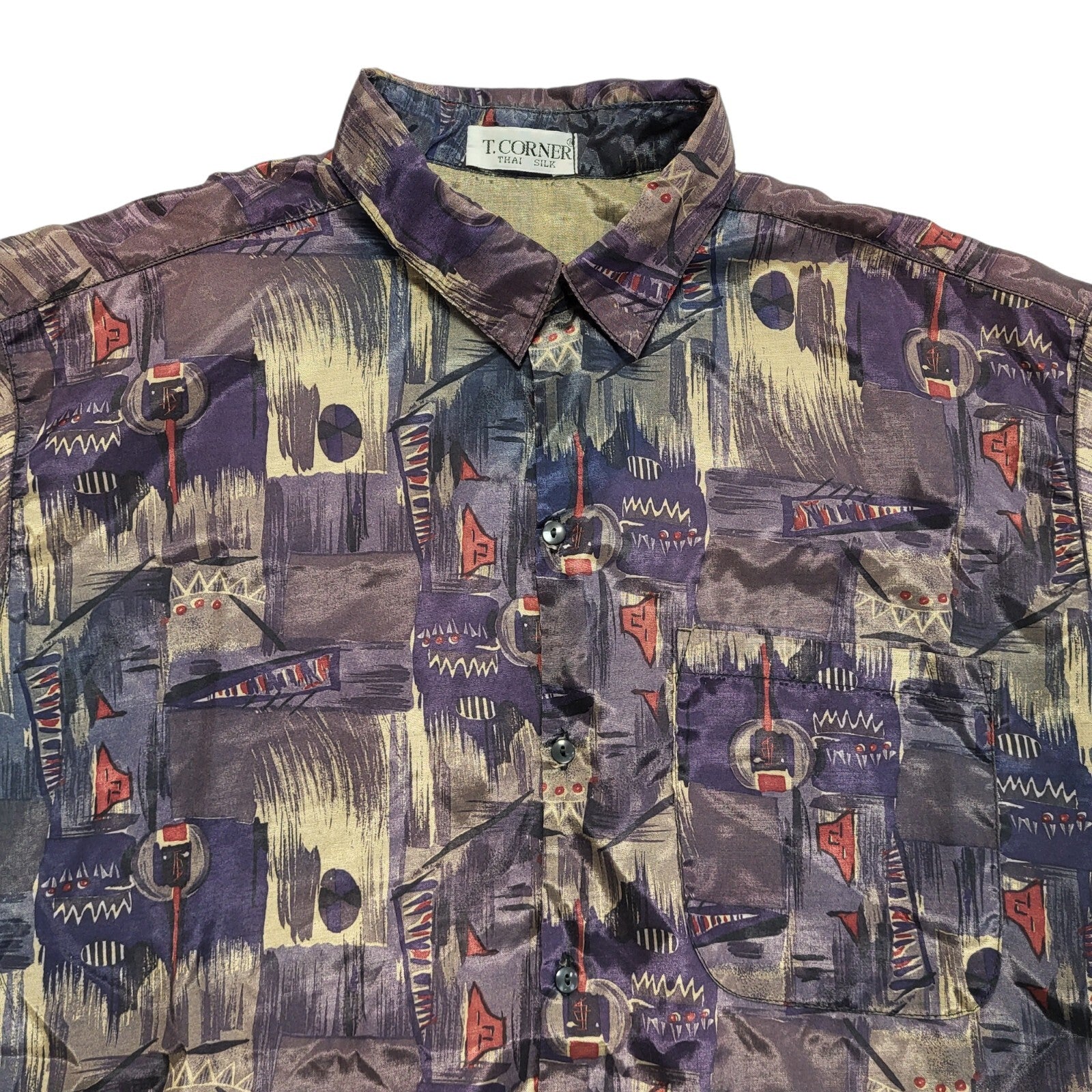 T. Corner Vintage 90's Purple Abstract Silk Short Sleeve Shirt Men's UK L