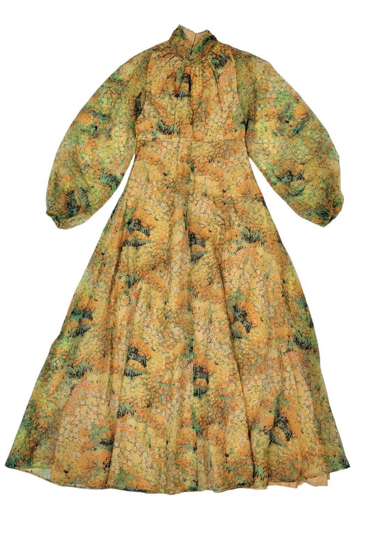 70s Vintage Yellow Boho Patterned Long Sleeve Maxi Dress Women's Size 6-8