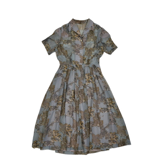 70s Vintage Green Sheer Collared Fit & Flare Dress Women's M