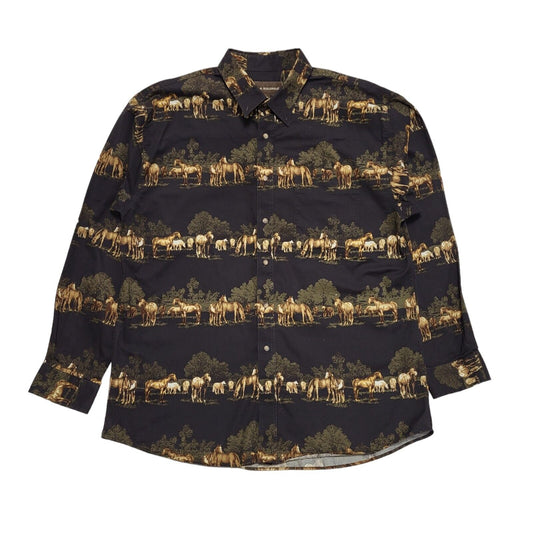 Bit & Bridle Vintage 80's Brown Horse Print Long Sleeve Shirt Men's UK Size L