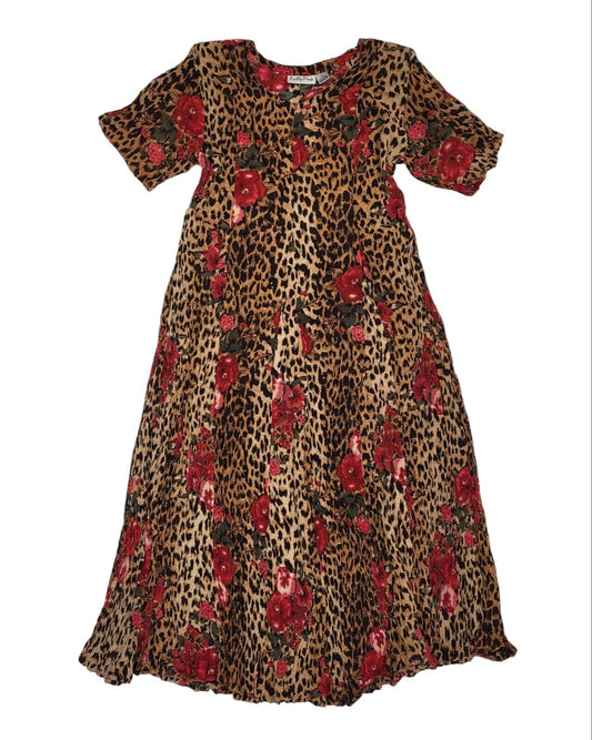80s Vintage Pretty Pink Brown Leopard Print Fit & Flare Daywear Dress Women's L
