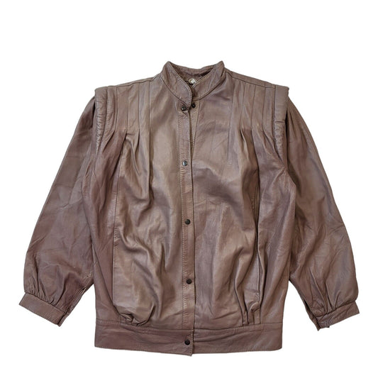 80s Vintage Brown Leather Jacket With Snap Fastenings Women's Size 18