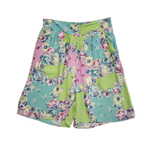 90s Vintage Green Blue Floral Shorts Uk Women's Size 18 W34-36