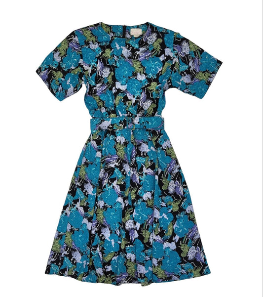80s Vintage Kristen Blue Floral Fit & Flare Belted Daywear Dress Women's 10
