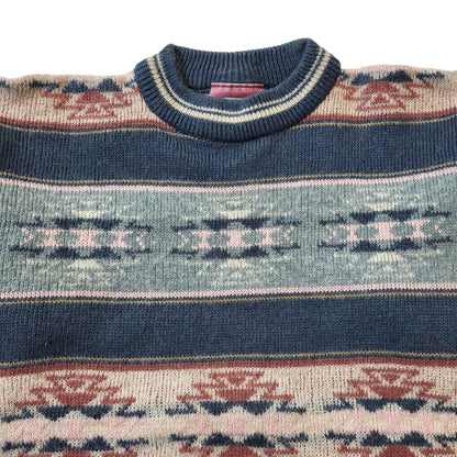 Deuce 90s Vintage Pink & Blue Round Neck Jumper Women's Size L