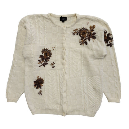 Jenny 80s Vintage Cream & Brown Button Cardigan Uk Women's Size Large