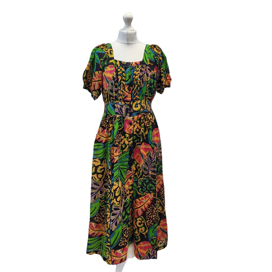 Smartline 90s Vintage Black & Green Floral Print Dress Women's Size 12