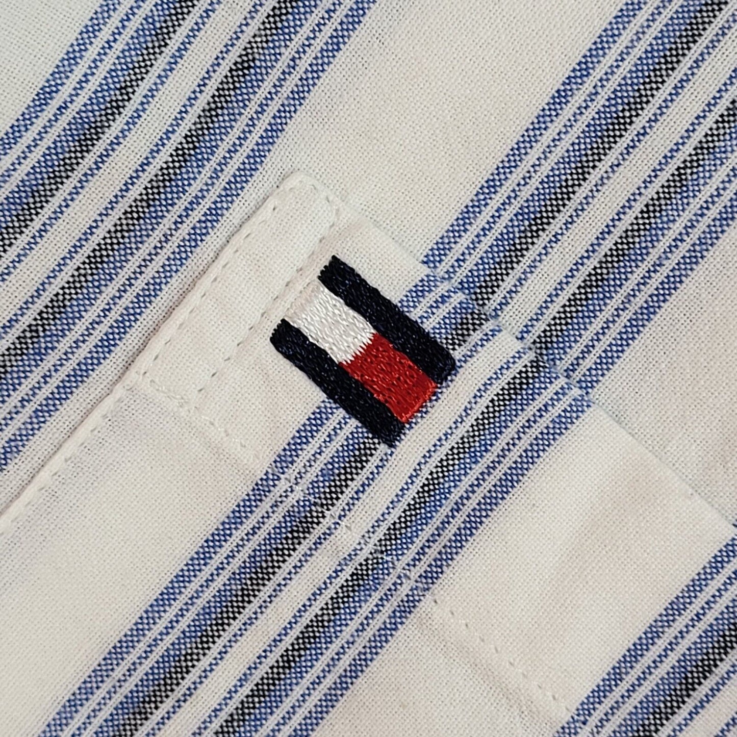 Tommy Hilfiger 90's White & Blue Striped Short Sleeve Shirt Uk Boy's Size L