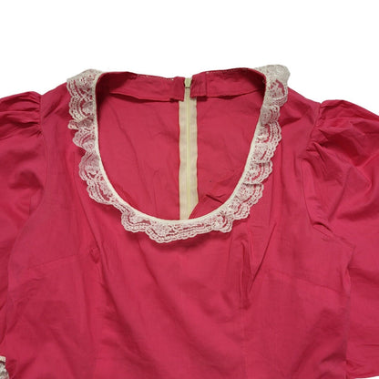 Vintage 80's Pink Prairie White Lace Trim Stretch Fit Summer Dress Womens UK 12