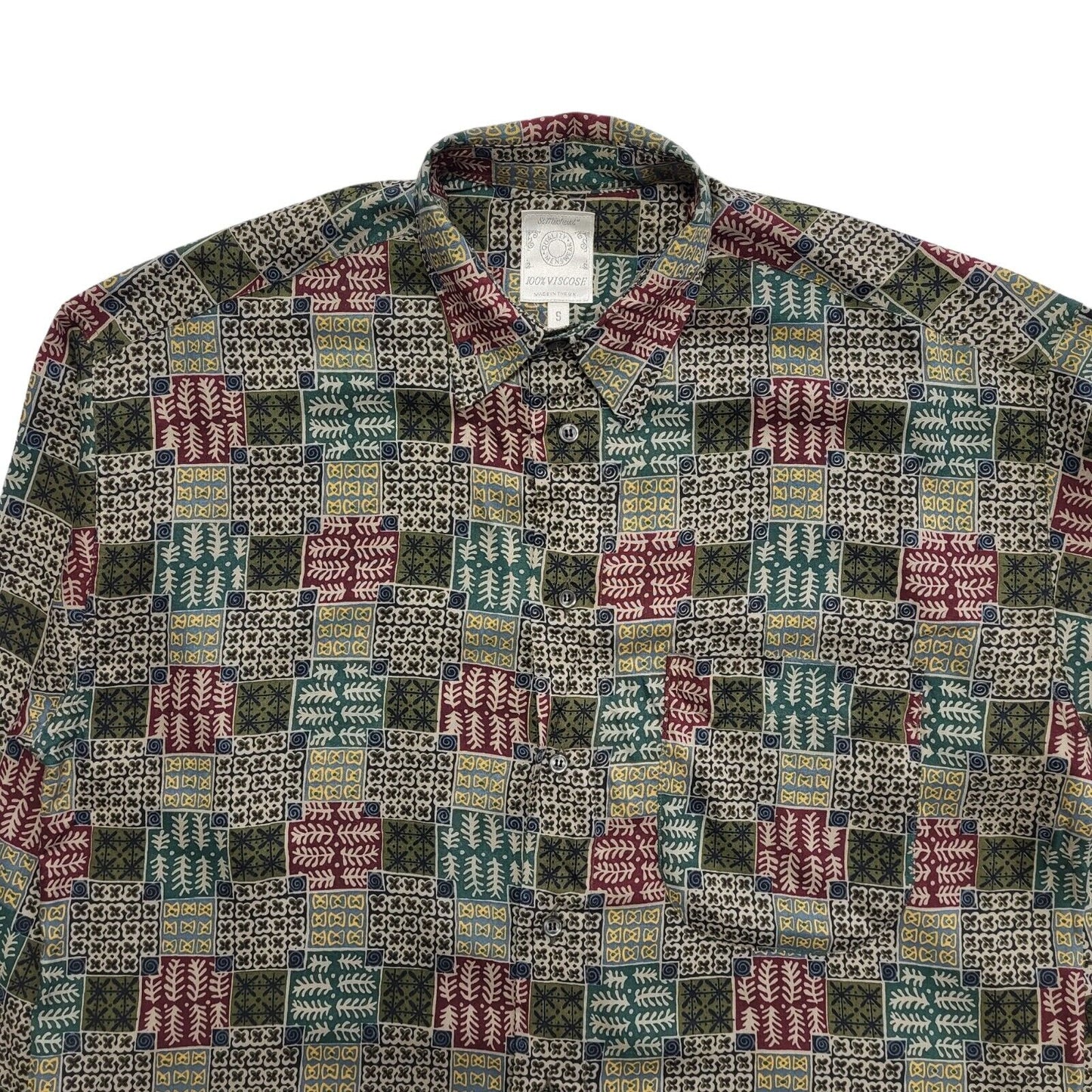 St Michael 90's Green & Red Patterned Viscose Shirt Uk Men's UK S