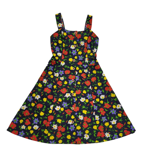 70s Vintage Floral Navy Pinafore Short Daywear Dress Women's Size 10