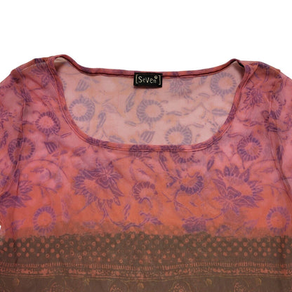 Seven Vintage 80's Pink & Green Sheer Floral Short Sleeve T-Shirt Womens UK 12