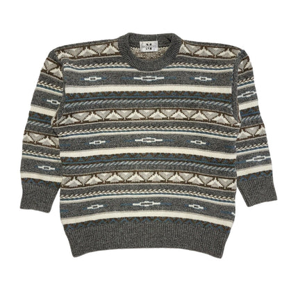 Menspunt Vintage 80s Grey Blue Geometric Crew Neck Jumper Men's UK L