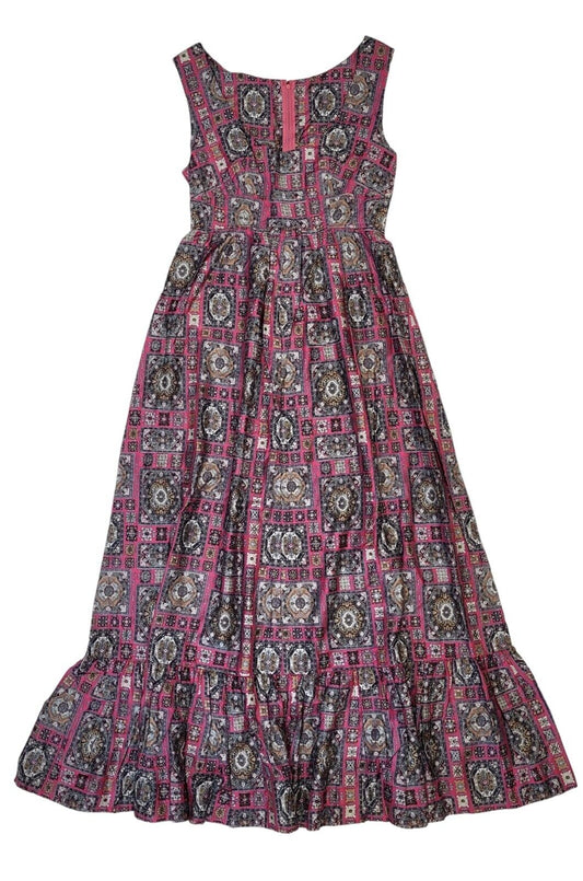 70s Vintage Pink & Grey Retro Print Pinafore Maxi Dress Women's Size 6