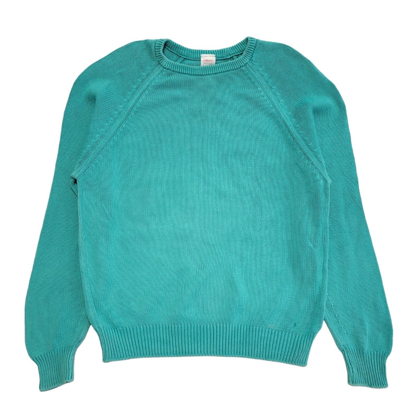 St Michael Vintage 80s Turquoise Crew Neck Cotton Jumper Men's Size M