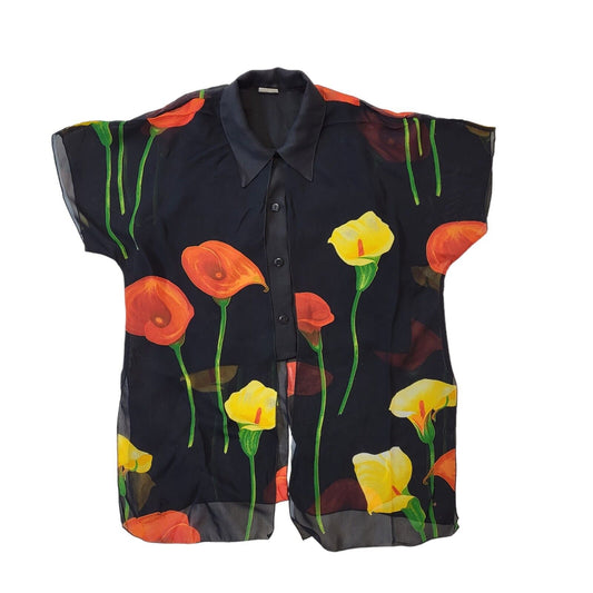 90s Vintage Black, Red & Yellow Floral Short Sleeve Blouse Women's L 12-14