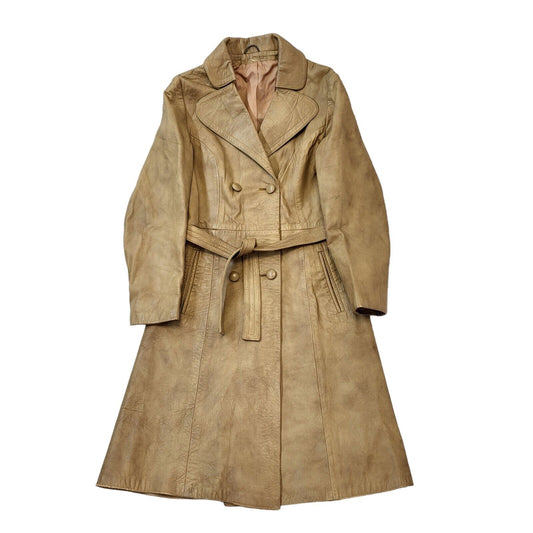 Vintage 70s Vintage Beige Belted Button Up Leather Jacket Women's Size M