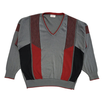 Gabicci Vintage 80s Grey Red Striped V-Neck Jumper Men's UK 2XL