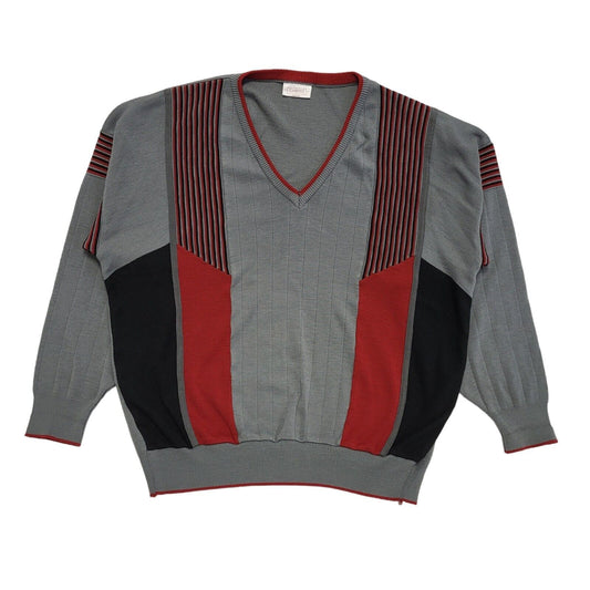 Gabicci Vintage 80s Grey Red Striped V-Neck Jumper Men's UK 2XL