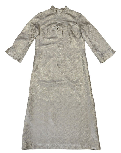 70s Vintage Beige & Silver Stitched Paisley Maxi Dress Women's Size 14