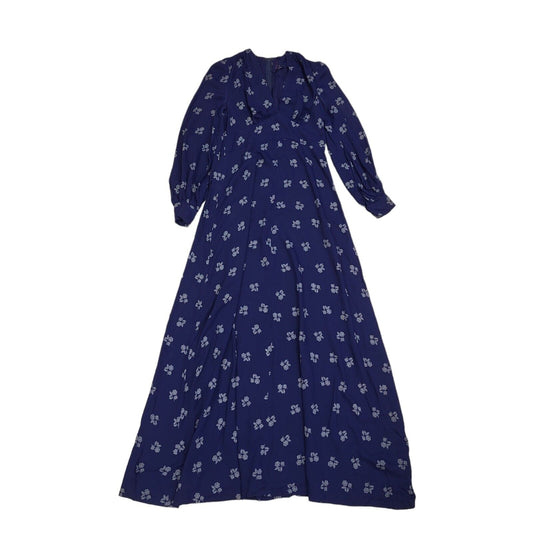 70s Vintage Navy & White V-Neck Long Sleeved Maxi Dress Women's 10