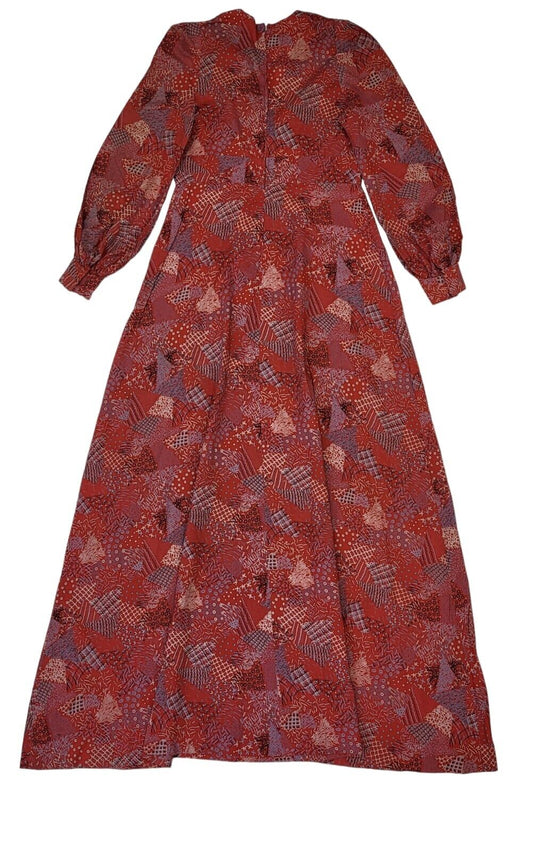 70s Vintage Red Patterned Cuffed Sleeve A-Line Maxi Dress Women's 12