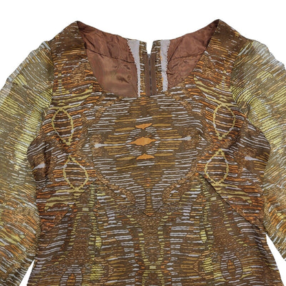 70s Vintage Brown Abstract Patterned Long Sleeved Maxi Dress Women's 10