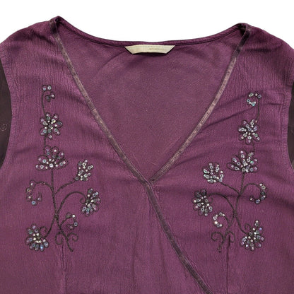 Ameranto Vintage 90s Purple Floral Sequin Short Sleeve Top Womens UK 16