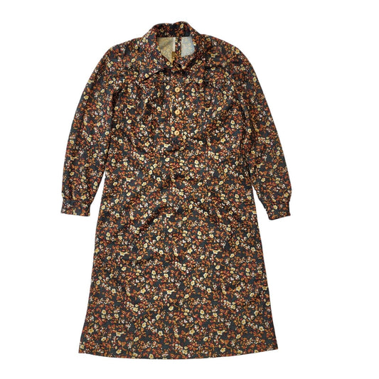 70s Vintage Collared  Brown Micro Floral A-Line Shift Dress Women's Size 12