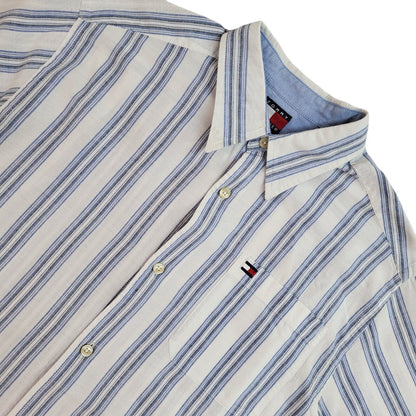 Tommy Hilfiger 90's White & Blue Striped Short Sleeve Shirt Uk Boy's Size L