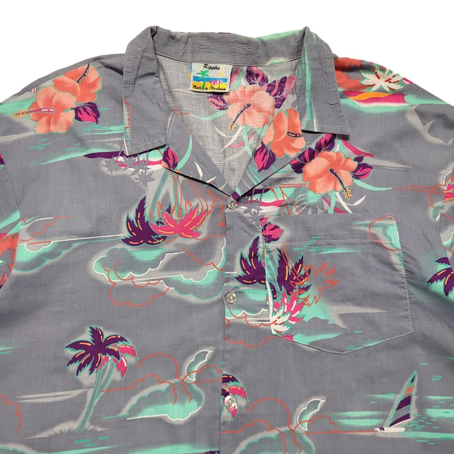 Ripples Vintage 90's Grey Green Palm Trees Short Sleeve Shirt Men's UK XL