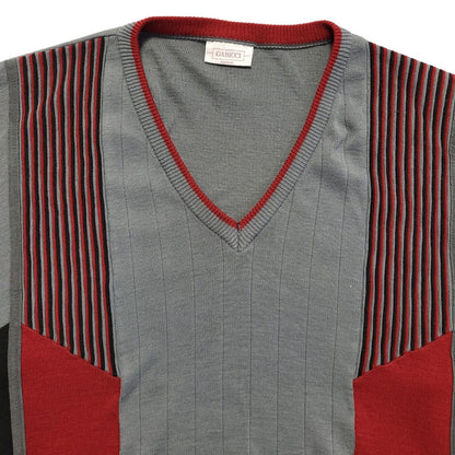 Gabicci Vintage 80s Grey Red Striped V-Neck Jumper Men's UK 2XL