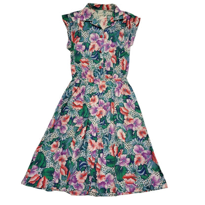 70s Vintage Green Purple Floral Fit & Flare Sleeveless A-Line Dress Women's 12