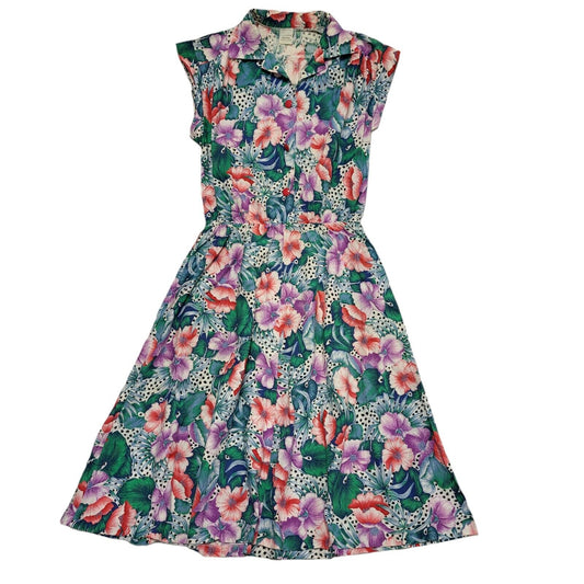 70s Vintage Green Purple Floral Fit & Flare Sleeveless A-Line Dress Women's 12